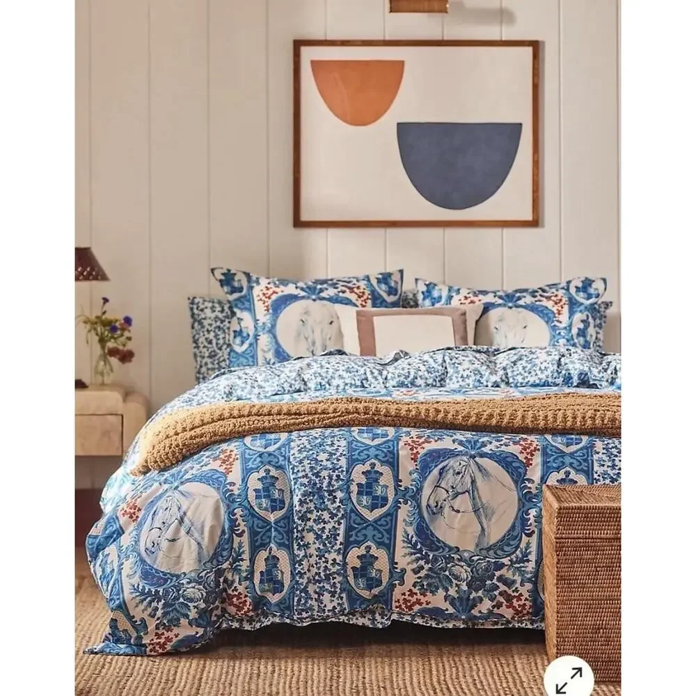 Anthropologie Mind The Gap Duvet Cover QUEEN Blue Cotton Floral Horses New